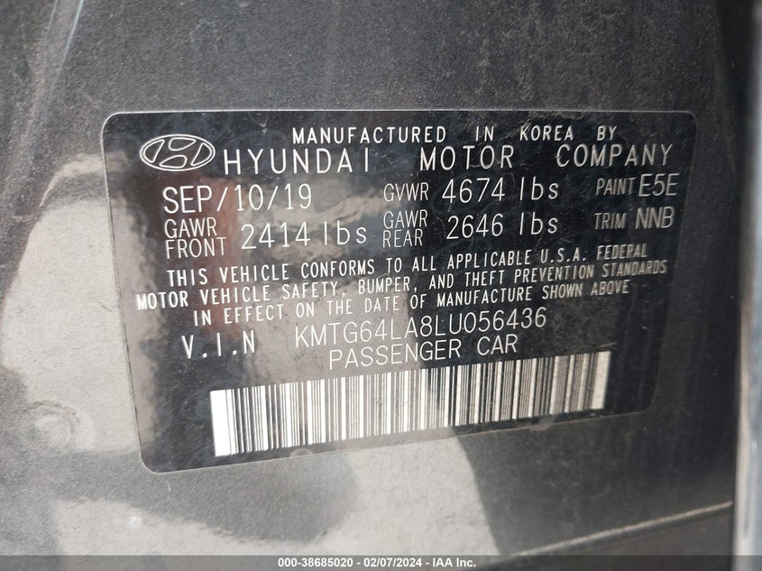 VIN KMTG64LA8LU056436 2020 GENESIS G70 2.0T RWD