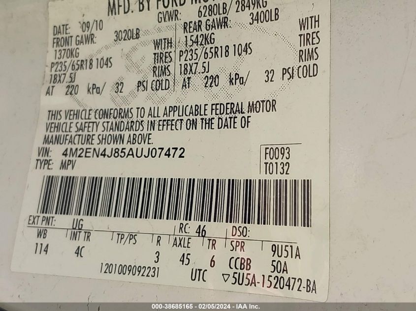 2010 Mercury Mountaineer Premier VIN: 4M2EN4J85AUJ07472 Lot: 38685165