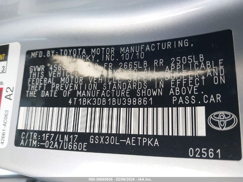 2011 Toyota Avalon Limited VIN: 4T1BK3DB1BU398861 Lot: 38685605
