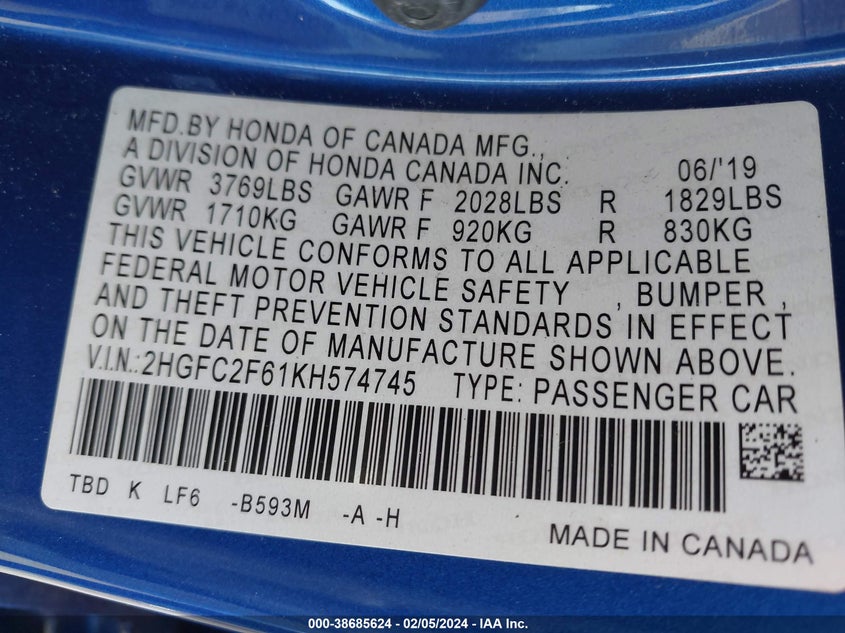 VIN 2HGFC2F61KH574745 2019 HONDA CIVIC LX