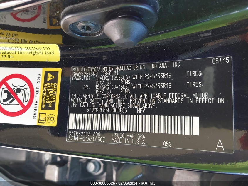 2015 TOYOTA HIGHLANDER LIMITED/LTD PLATINUM - 5TDYKRFH5FS088855