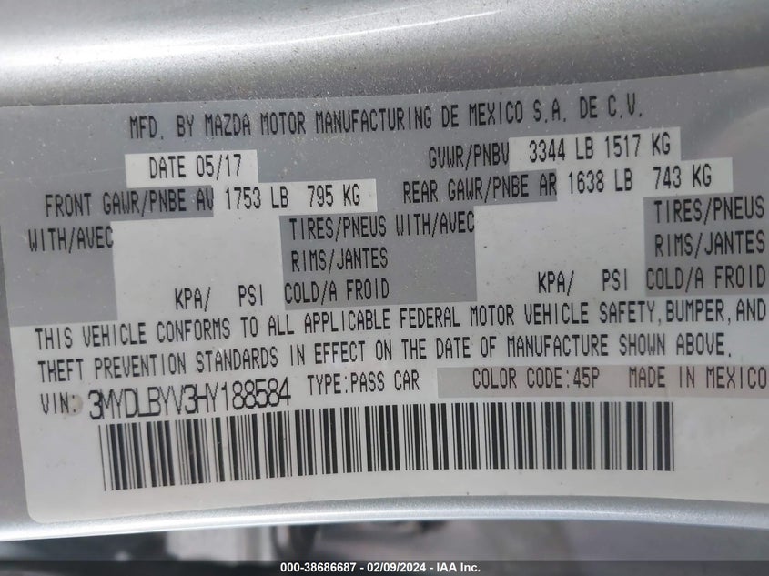2017 Toyota Yaris Ia VIN: 3MYDLBYV3HY188584 Lot: 38686687