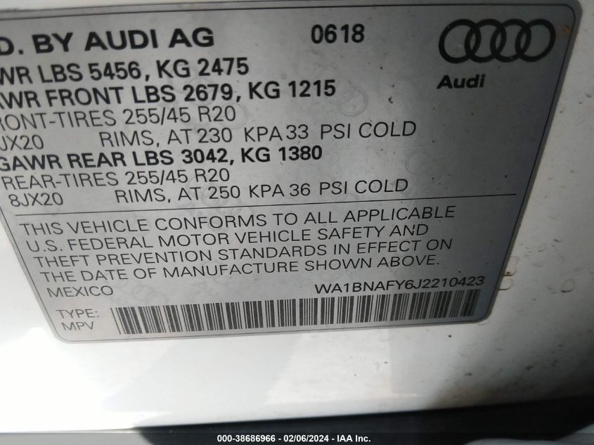 WA1BNAFY6J2210423 2018 AUDI Q5, photo no. 9