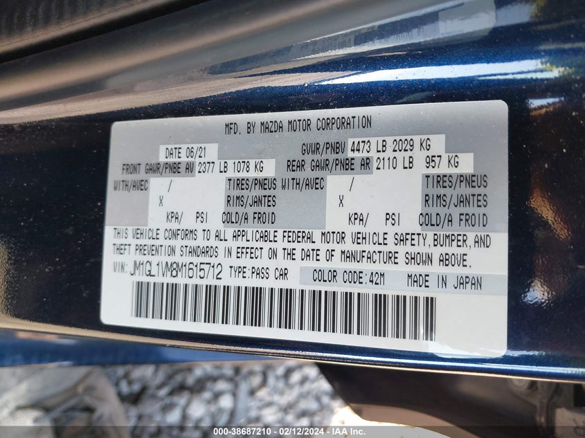 2021 MAZDA MAZDA6 2.5L I-4 DI, DOHC, V(VIN: JM1GL1VM8M1615712