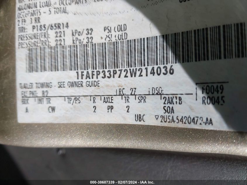 1FAFP33P72W214036 2002 Ford Focus Lx Base/Lx Premium