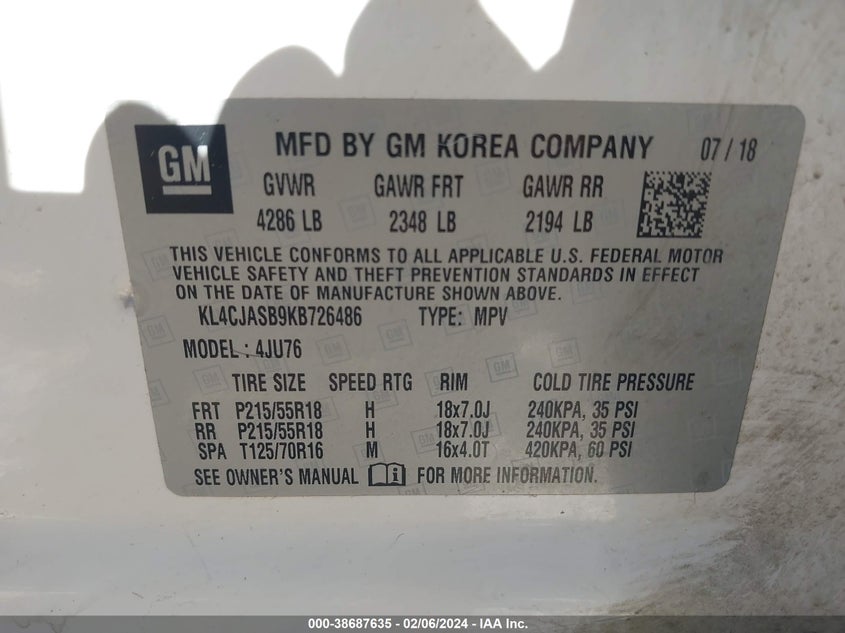 VIN KL4CJASB9KB726486 2019 BUICK ENCORE FWD PREFERRED