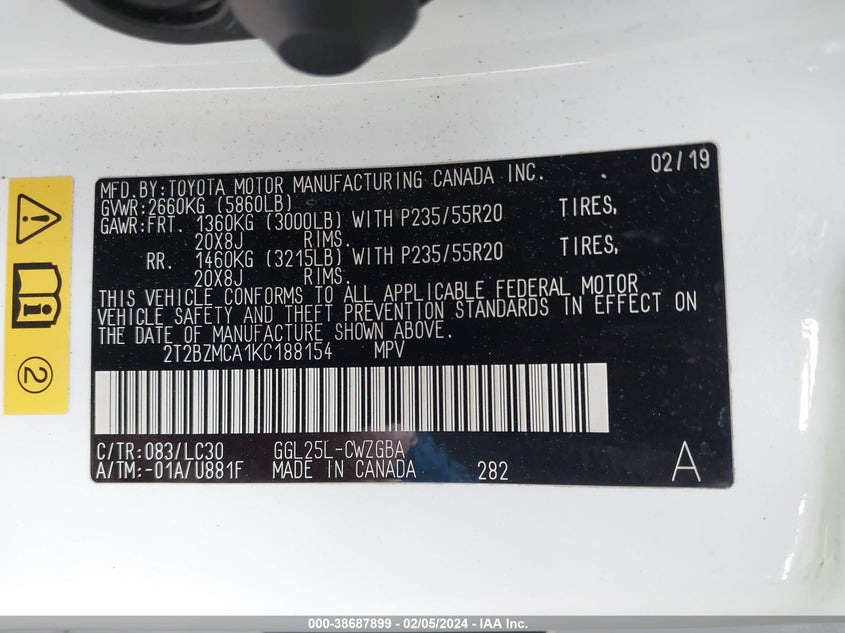 2019 LEXUS RX 350 VIN: 2T2BZMCA1KC188154