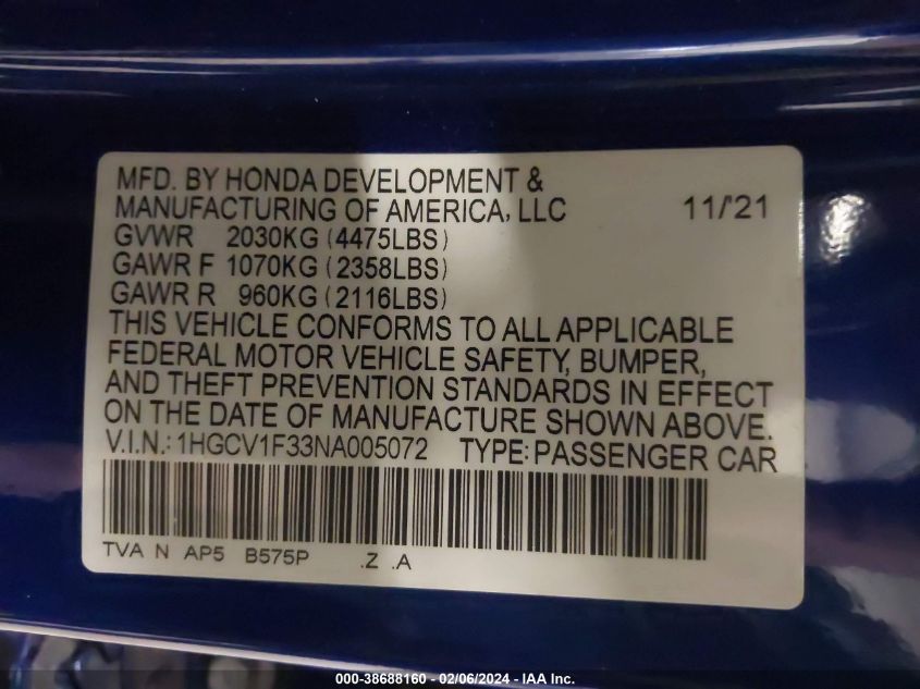 2022 Honda Accord Sport VIN: 1HGCV1F33NA005072 Lot: 38688160