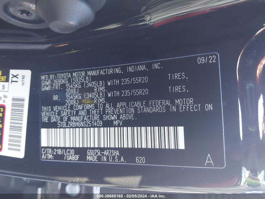 2022 TOYOTA HIGHLANDER VIN: 5TDLZRBH6NS251409