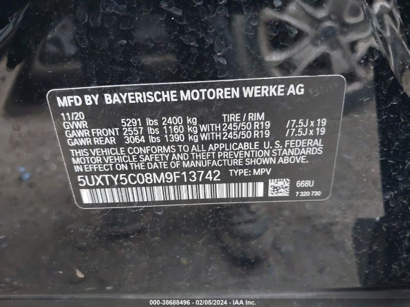 5UXTY5C08M9F13742 2021 BMW X3, photo no. 9