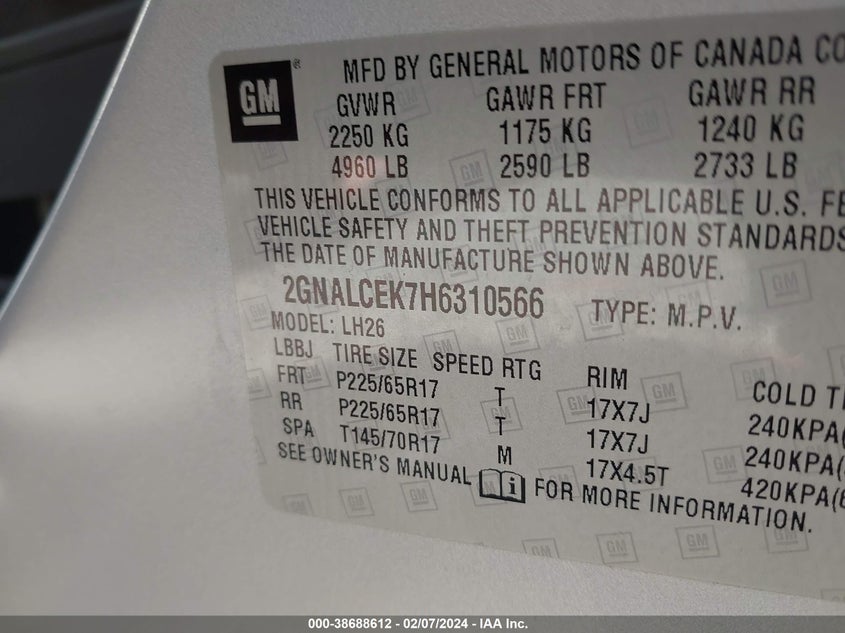 VIN 2GNALCEK7H6310566 2017 CHEVROLET EQUINOX LT
