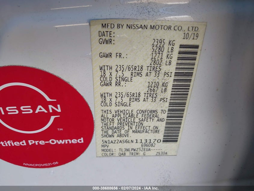 VIN 5N1AZ2AS6LN113170 2020 NISSAN MURANO S INTELLIGENT AWD