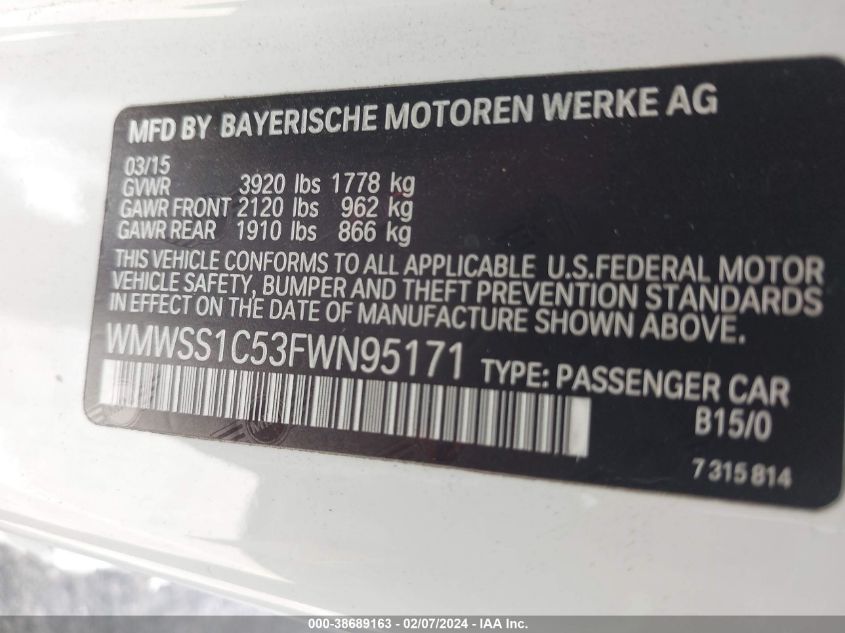 2015 Mini Cooper Paceman VIN: WMWSS1C53FWN95171 Lot: 38689163