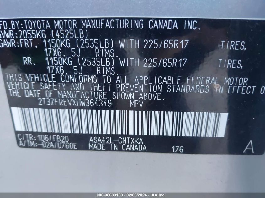 2017 TOYOTA RAV4 LE - 2T3ZFREVXHW364349