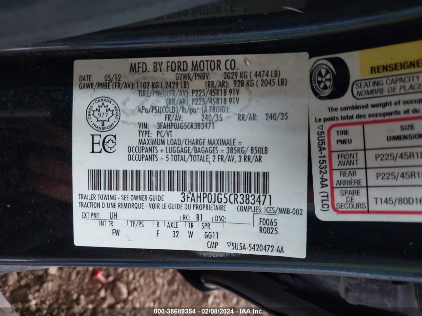 3FAHP0JG5CR383471 2012 Ford Fusion Sel