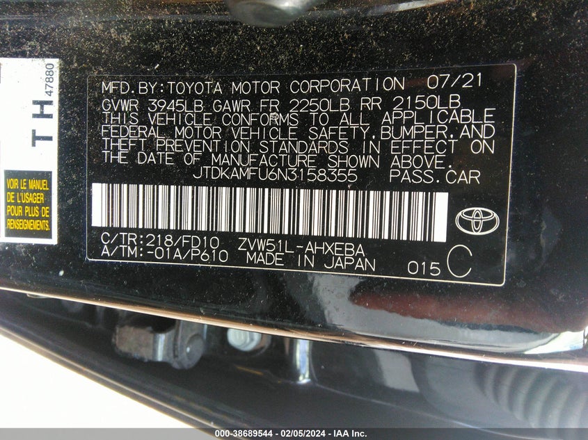 VIN JTDKAMFU6N3158355 2022 TOYOTA PRIUS LE