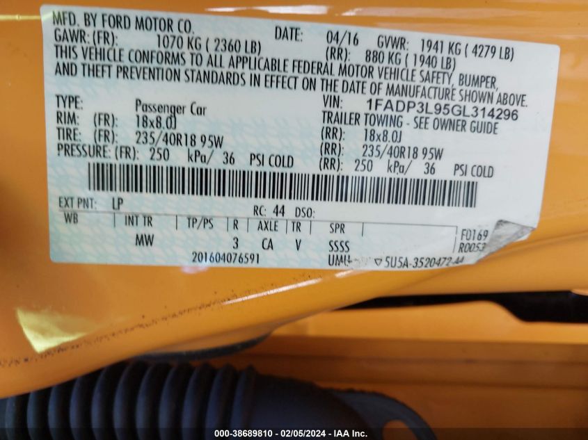 2016 Ford Focus St VIN: 1FADP3L95GL314296 Lot: 38689810