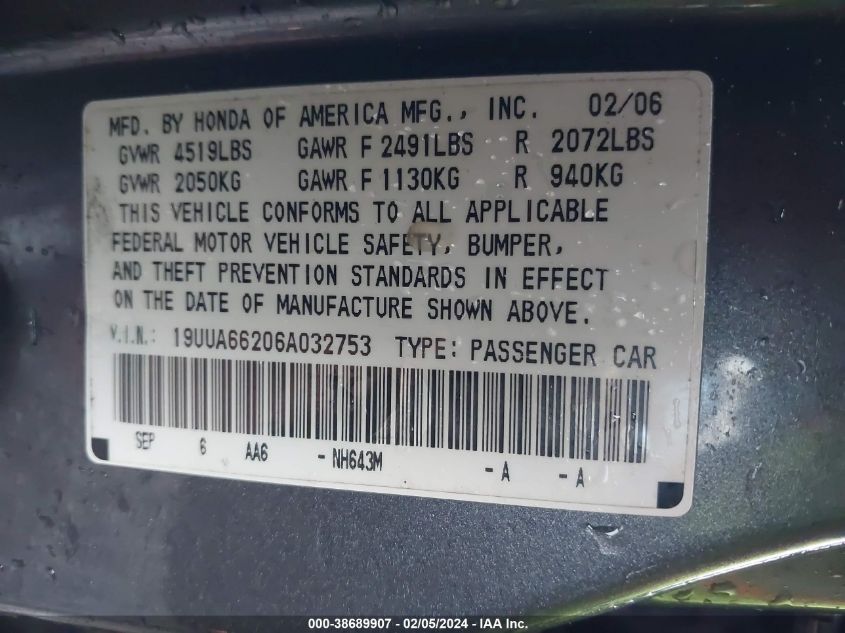 2006 Acura Tl VIN: 19UUA66206A032753 Lot: 38689907