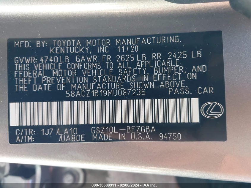 2021 LEXUS ES 350 3.5L V6 FI DOHC 24V (VIN: 58ACZ1B19MU087236