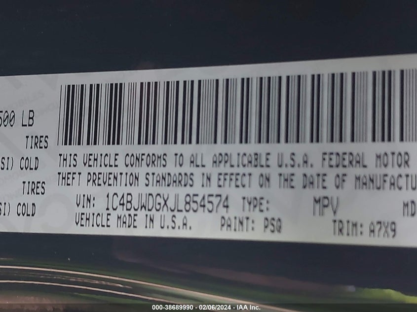 VIN 1C4BJWDGXJL854574 2018 JEEP WRANGLER JK UNLIMITED SPORT S 4X4