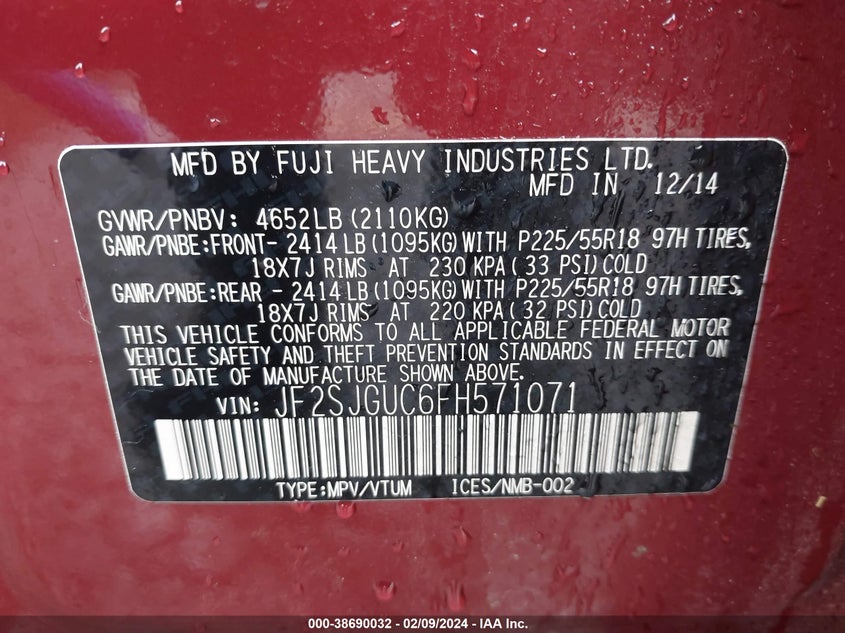 2015 SUBARU FORESTER 2.0XT TOURING - JF2SJGUC6FH571071