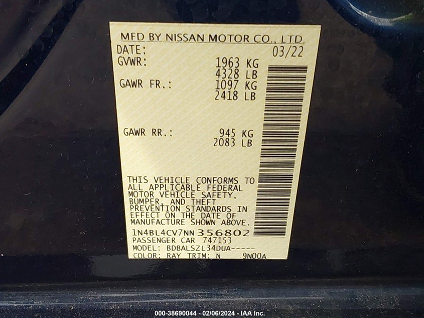VIN 1N4BL4CV7NN356802 2022 NISSAN ALTIMA SR FWD