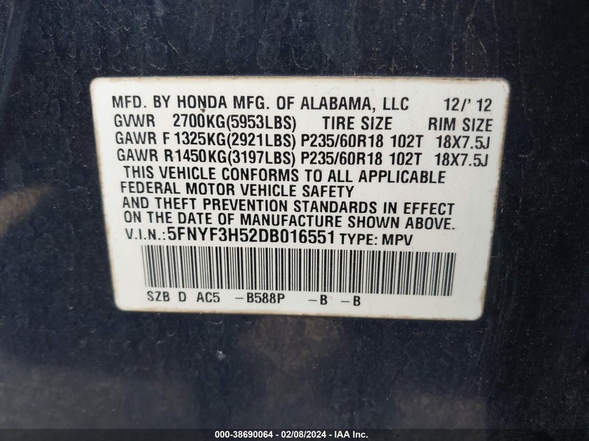 2013 HONDA PILOT EX-L - 5FNYF3H52DB016551