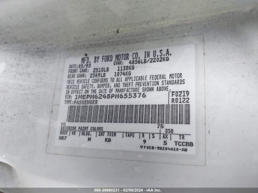 1993 Mercury Cougar Xr7 VIN: 1MEPM6248PH655376 Lot: 38690231