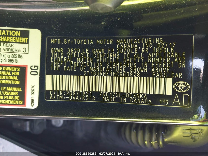 2017 TOYOTA COROLLA LE - 2T1BURHE1HC860928