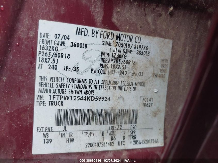 1FTPW12544KD59924 2004 Ford F-150 Lariat/Xlt