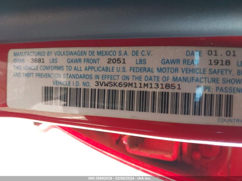 2001 Volkswagen Jetta Gls VIN: 3VWSK69M11M131851 Lot: 38692039