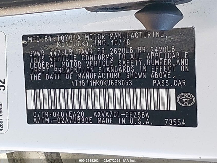 2019 TOYOTA CAMRY L/LE/XLE/SE/XSE - 4T1B11HK0KU698053