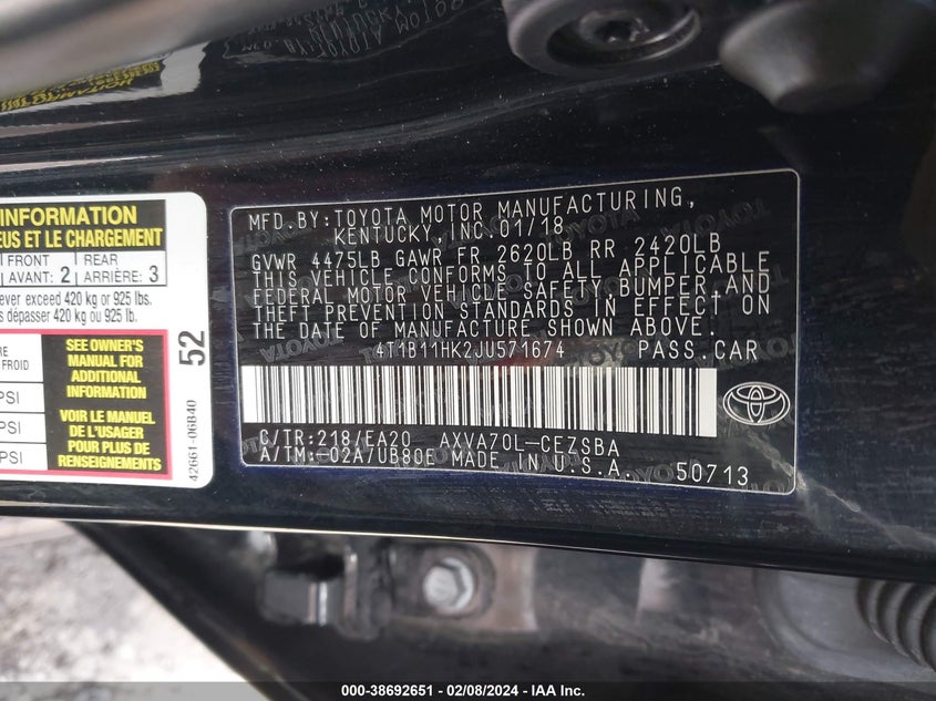 2018 TOYOTA CAMRY VIN: 4T1B11HK2JU571674