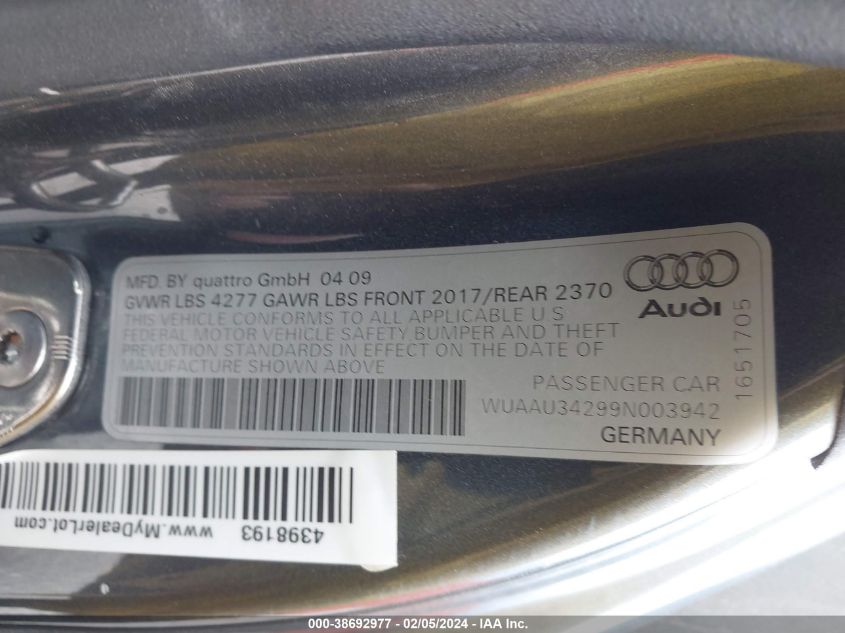 2009 Audi R8 4.2 VIN: WUAAU34299N003942 Lot: 38692977