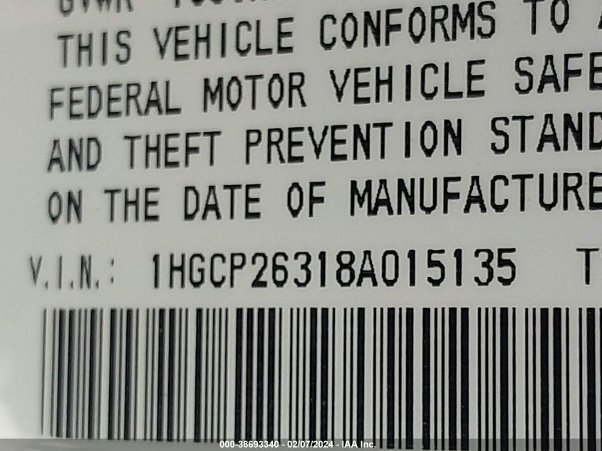 2008 Honda Accord 2.4 Lx VIN: 1HGCP26318A015135 Lot: 38693340