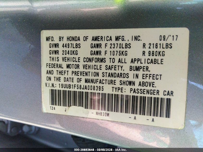 19UUB1F58JA008395 2018 Acura Tlx Tech Pkg