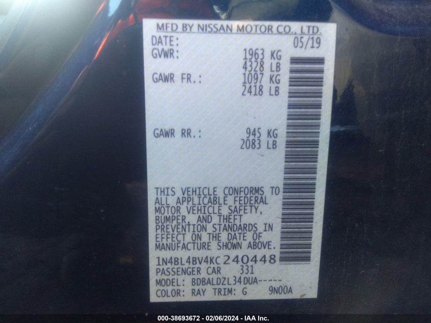 VIN 1N4BL4BV4KC240448 2019 NISSAN ALTIMA S