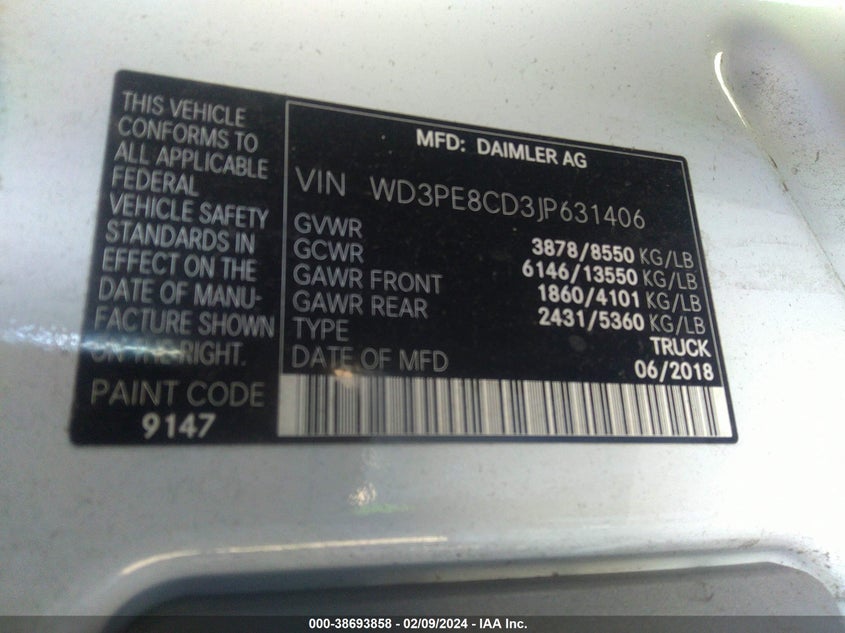 VIN WD3PE8CD3JP631406 2018 MERCEDES-BENZ SPRINTER 2500 HIGH ROOF V6