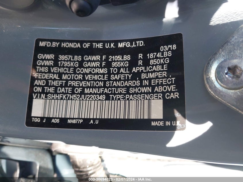 2018 HONDA CIVIC EX - SHHFK7H52JU220349