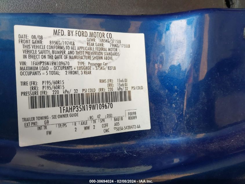 1FAHP35N19W109670 2009 Ford Focus Se