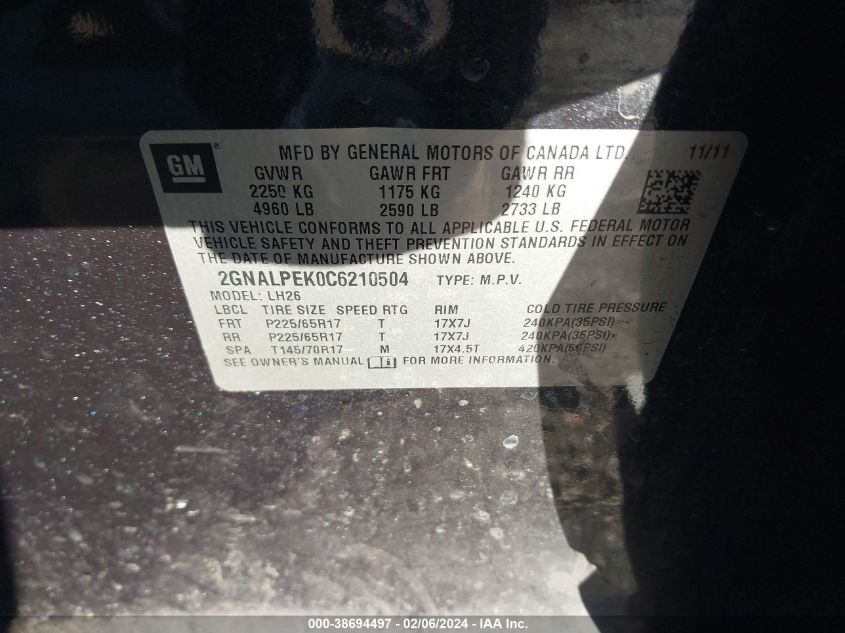 2012 Chevrolet Equinox 2Lt VIN: 2GNALPEK0C6210504 Lot: 41970409