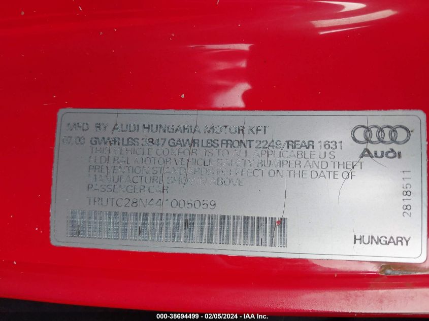 2004 Audi Tt 1.8L VIN: TRUTC28N441005059 Lot: 38694499