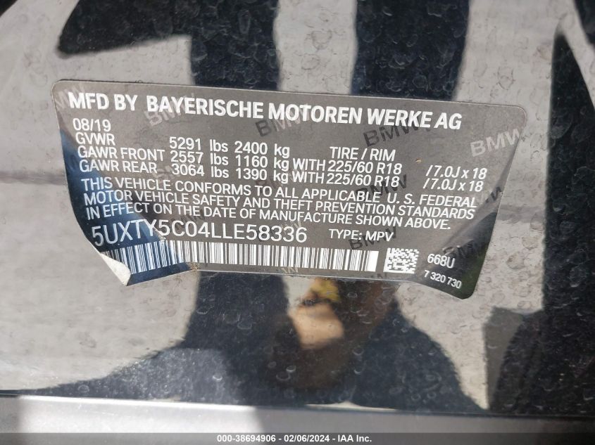 2020 BMW X3 xDrive30I VIN: 5UXTY5C04LLE58336 Lot: 38694906