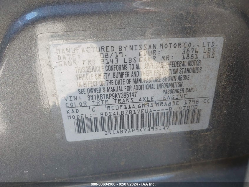 VIN 3N1AB7AP9KY395147 2019 NISSAN SENTRA S/SV/SR/SL