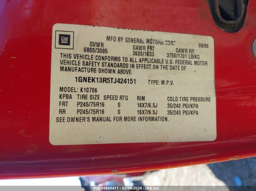 1996 Chevrolet Tahoe K1500 VIN: 1GNEK13R5TJ424151 Lot: 38695411