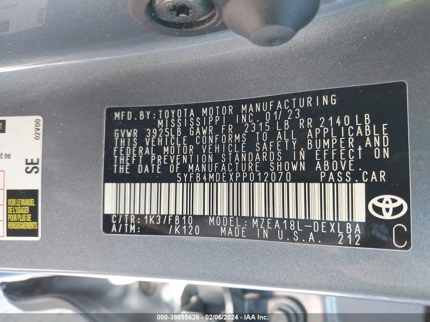 VIN 5YFB4MDEXPP012070 2023 TOYOTA COROLLA LE