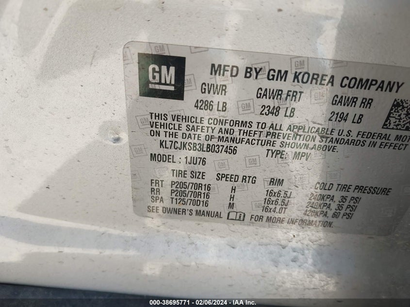 VIN KL7CJKSB3LB037456 2020 CHEVROLET TRAX LS