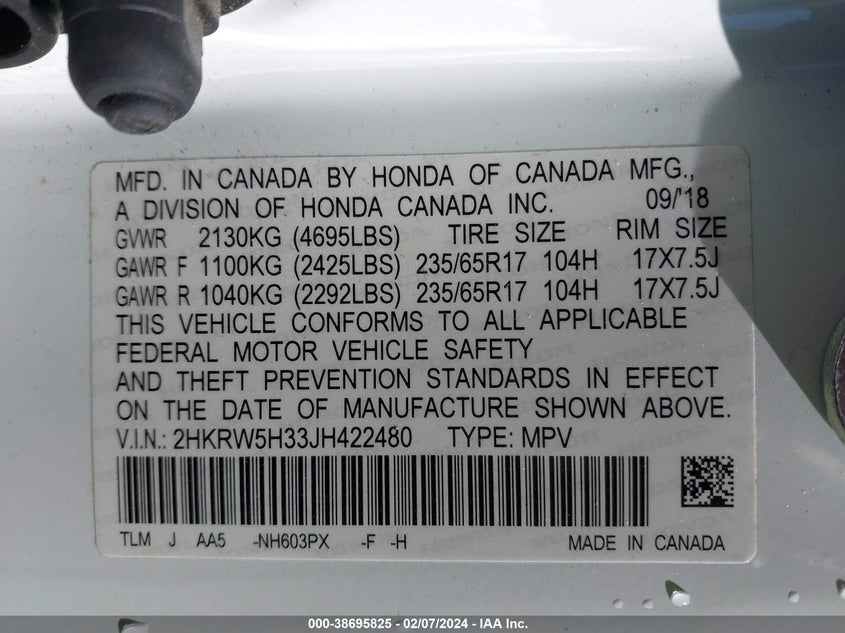 2018 HONDA CR-V LX - 2HKRW5H33JH422480