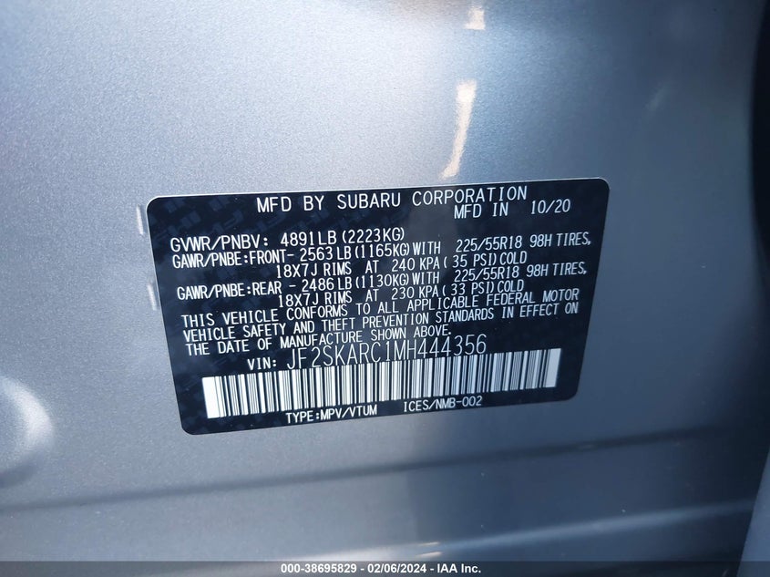 VIN JF2SKARC1MH444356 2021 SUBARU FORESTER SPORT