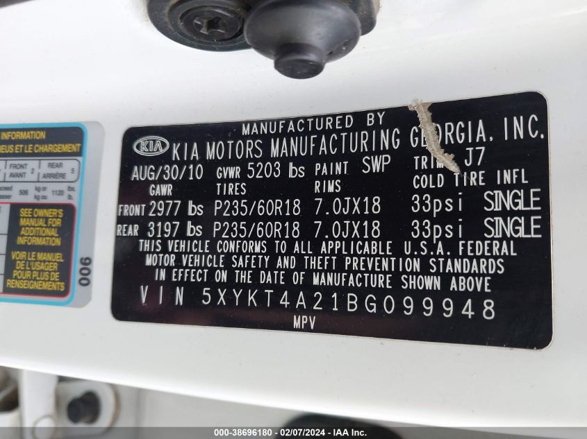 2011 Kia Sorento Lx V6 VIN: 5XYKT4A21BG099948 Lot: 38696180